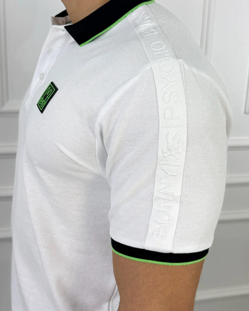 Polo blanco para hombre con cuello negro y detalles neón, diseño moderno y calidad premium